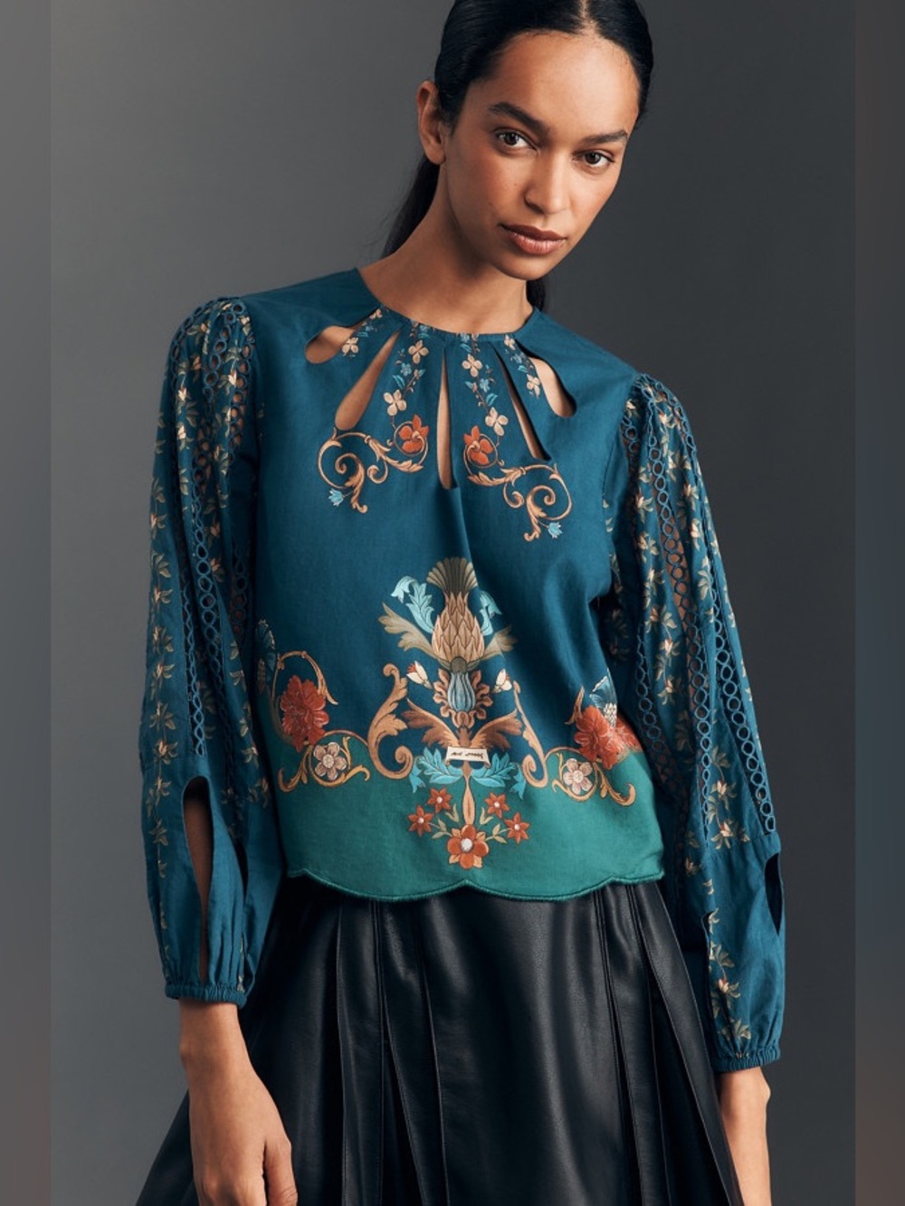 Farm Rio Floral Long Sleeve Eyelet  Embroidery Blouse 100% Cotton Sz Medium